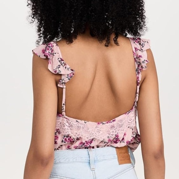 Floral Lace Cami Bodysuit Tank Top Tie Strap Ruffle Sleeve Summer - Picture 6 of 7